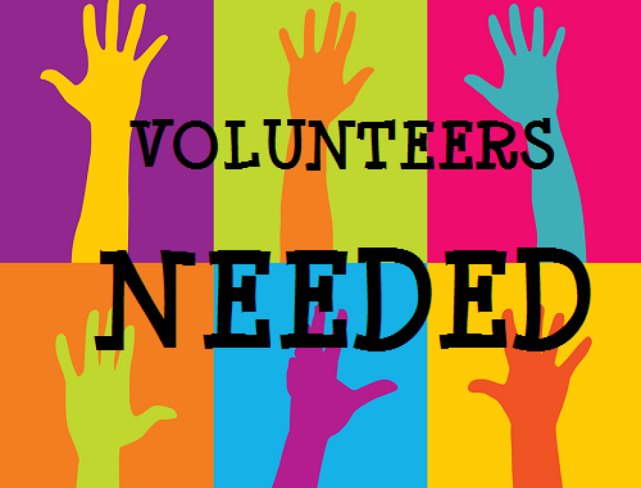 Graphic with hands saying Volunteers needed