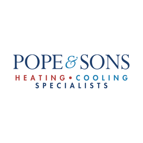 Pope and Sons Heating and Cooling Specialists logo in red and blue
